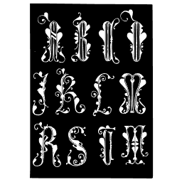 White foliate initials on black