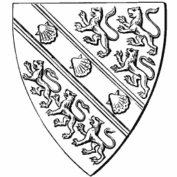 Shield with bend of scallops and lions