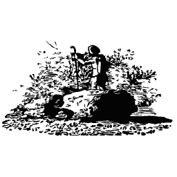 Man kneeling by a stone