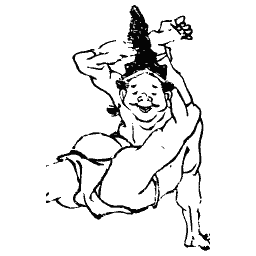 Laughing figure with arms raised
