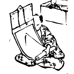Figure kneeling at a counter
