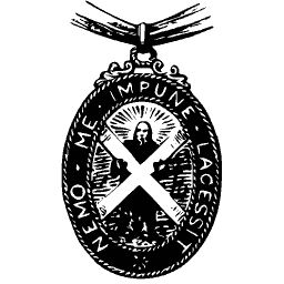 Oval badge with saint on cross