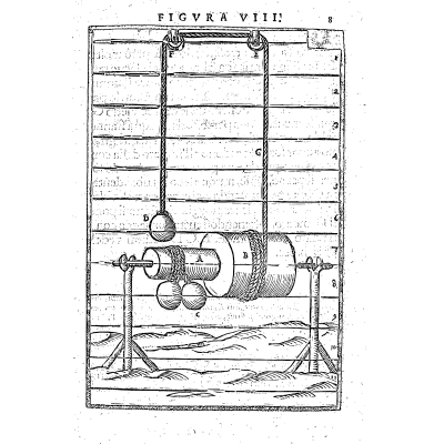 Drum and weights in an upright frame