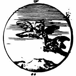 Winged figure swooping down