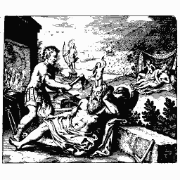 Winged figure felled by a swordsman