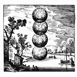 Four stacked spheres over a landscape
