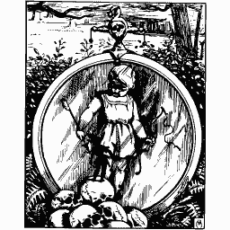 Child in an oval with skulls