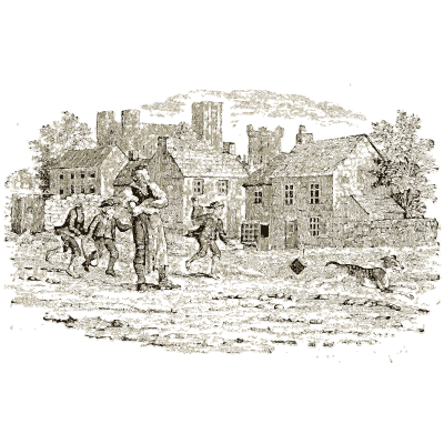 Village street with figures - A History of British Birds - 1809