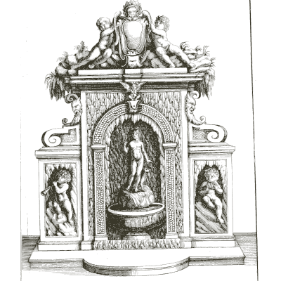 Niche fountain with a statue and shell basin - Architectura Curiosa Nova - 1664