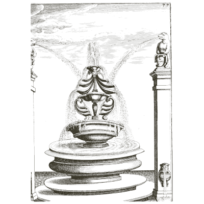 Domed fountain beside a statue column - Architectura Curiosa Nova - 1664