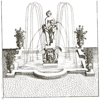 Figure fountain between arching jets - Architectura Curiosa Nova - 1664