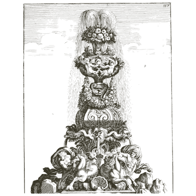 Rockwork fountain with putti and beasts - Architectura Curiosa Nova - 1664