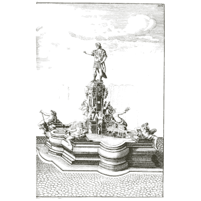 Statue fountain above sea horses - Architectura Curiosa Nova - 1664