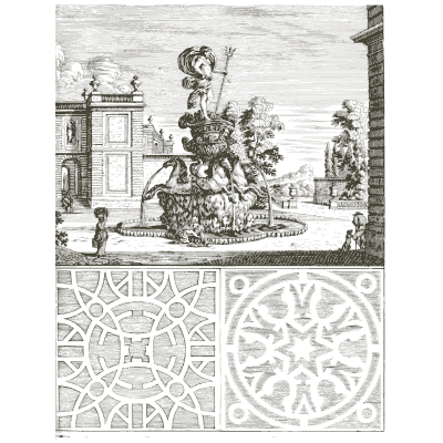 Sea god fountain above parterre plans - Architectura Curiosa Nova - 1664