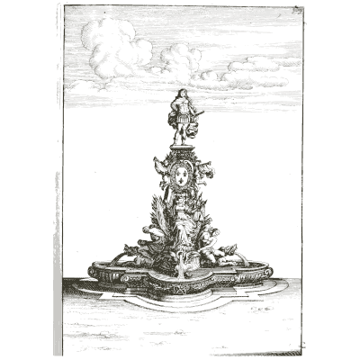 Statue on rockwork above a lobed pool - Architectura Curiosa Nova - 1664