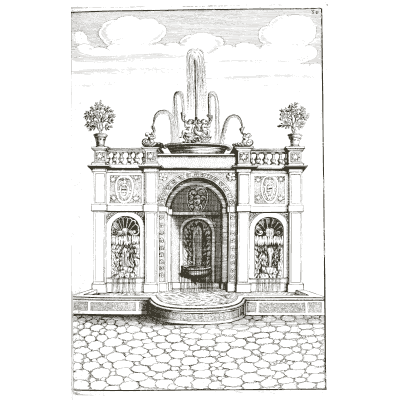 Arcaded facade fountain over a pebbled court - Architectura Curiosa Nova - 1664