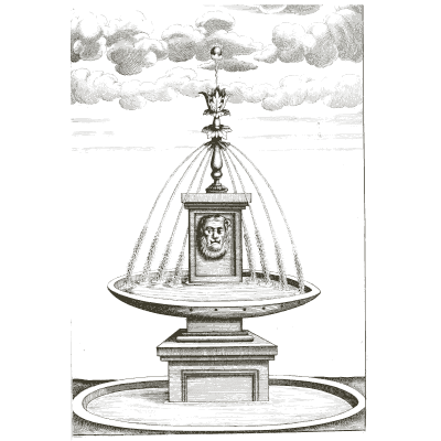 Canopy of jets over a mask pedestal - Architectura Curiosa Nova - 1664