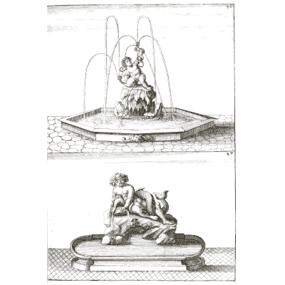 Putto fountain above a reclining river god - Architectura Curiosa Nova - 1664