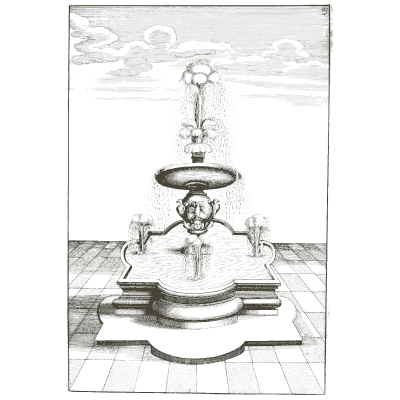 Mask bowl fountain on a paved floor - Architectura Curiosa Nova - 1664