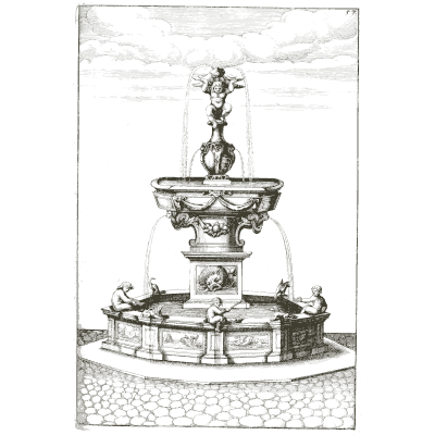 Tiered fountain with seated putti - Architectura Curiosa Nova - 1664