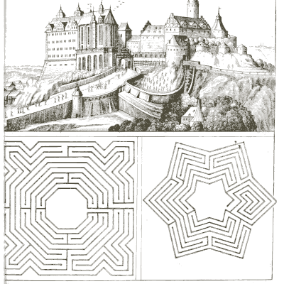 Hilltop castle above two maze plans - Architectura Curiosa Nova - 1664