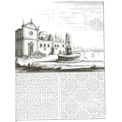 Church and garden above parterre plans - Architectura Curiosa Nova - 1664