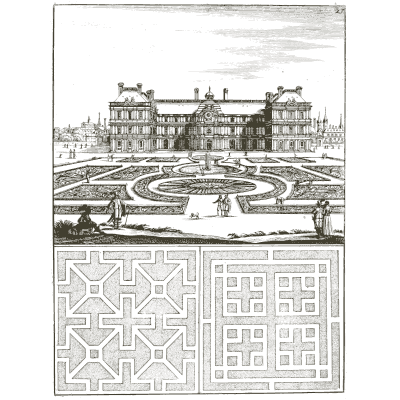 Palace front above parterre plans - Architectura Curiosa Nova - 1664