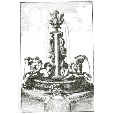 Sea gods at the foot of a jetting shaft - Architectura Curiosa Nova - 1664