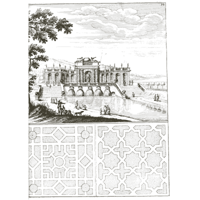 Cascade pavilion above a parterre plan - Architectura Curiosa Nova - 1664