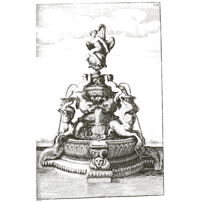 Sea beasts carrying a bowl under a figure group - Architectura Curiosa Nova - 1664