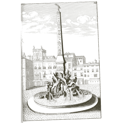 Obelisk fountain in a town square - Architectura Curiosa Nova - 1664