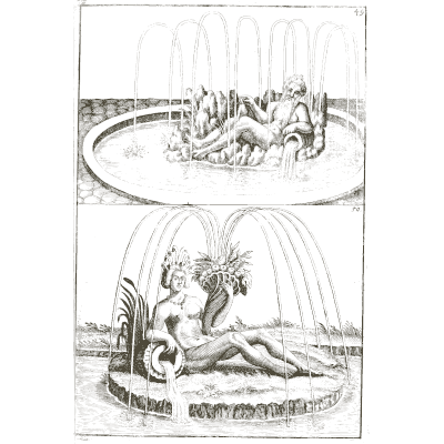 Reclining river gods among jets - Architectura Curiosa Nova - 1664