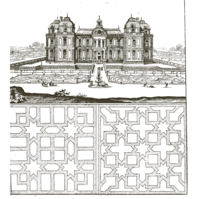 Palace front above a star parterre plan - Architectura Curiosa Nova - 1664