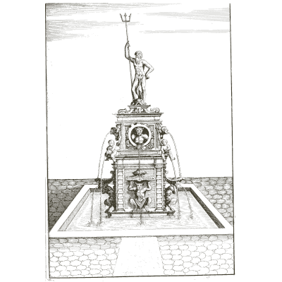 Neptune with trident on a panelled pedestal - Architectura Curiosa Nova - 1664