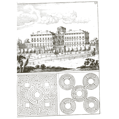 Palace above circular maze plans - Architectura Curiosa Nova - 1664
