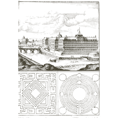 Riverside palace above maze plans - Architectura Curiosa Nova - 1664
