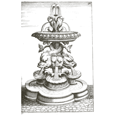 Dolphin fountain under a tiered bowl - Architectura Curiosa Nova - 1664