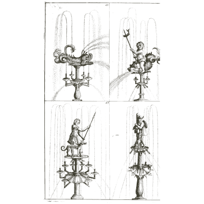 Four figure-topped fountain shafts - Architectura Curiosa Nova - 1664