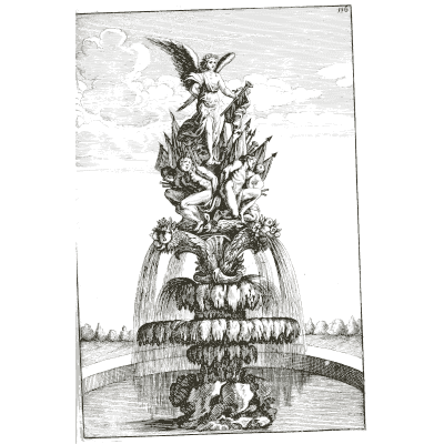 Winged figure on rockwork above falling water - Architectura Curiosa Nova - 1664