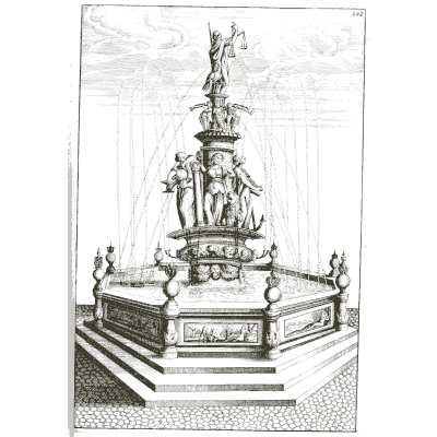 Justice figure fountain on a hexagonal basin - Architectura Curiosa Nova - 1664