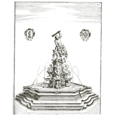 Figure group fountain on a stepped base - Architectura Curiosa Nova - 1664