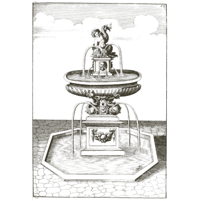Tiered fountain in a hexagonal pool - Architectura Curiosa Nova - 1664