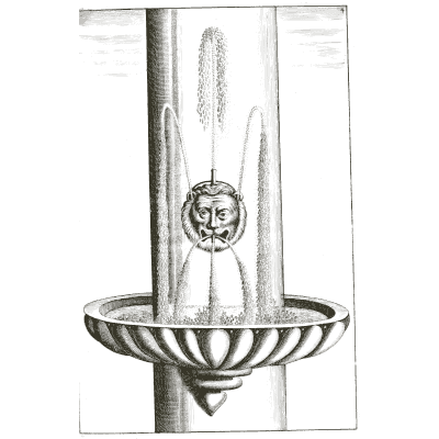 Mask wall fountain pouring into a fluted bowl - Architectura Curiosa Nova - 1664