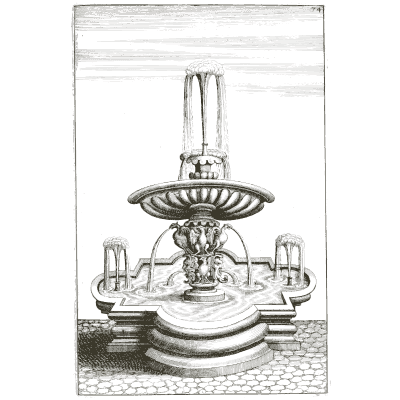 Dolphin bowl fountain with crossing jets - Architectura Curiosa Nova - 1664
