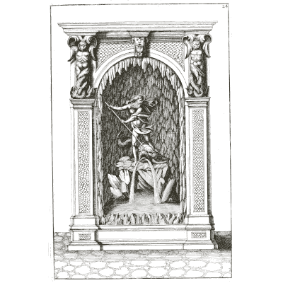 Rock-lined niche fountain in a carved frame - Architectura Curiosa Nova - 1664