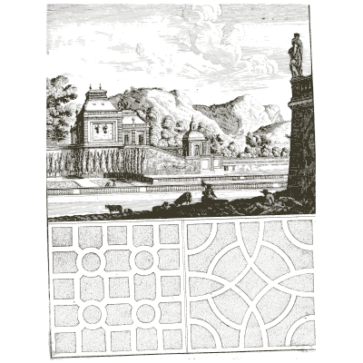 Garden terrace and column above parterre plans - Architectura Curiosa Nova - 1664