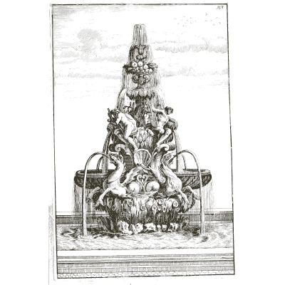 Figures on a jetting rockwork pyramid - Architectura Curiosa Nova - 1664