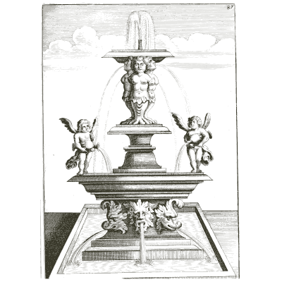 Caryatid bowl fountain with putti - Architectura Curiosa Nova - 1664