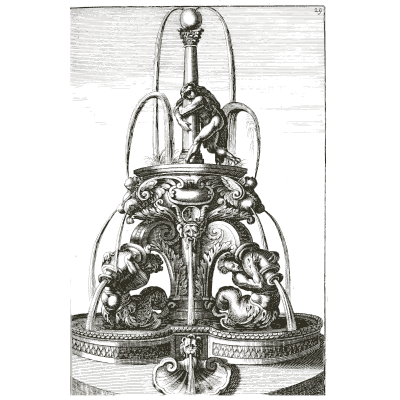 Sea beasts below a bowl with arching jets - Architectura Curiosa Nova - 1664