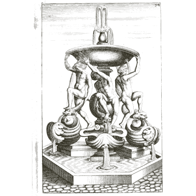 Three figures holding a heavy bowl - Architectura Curiosa Nova - 1664